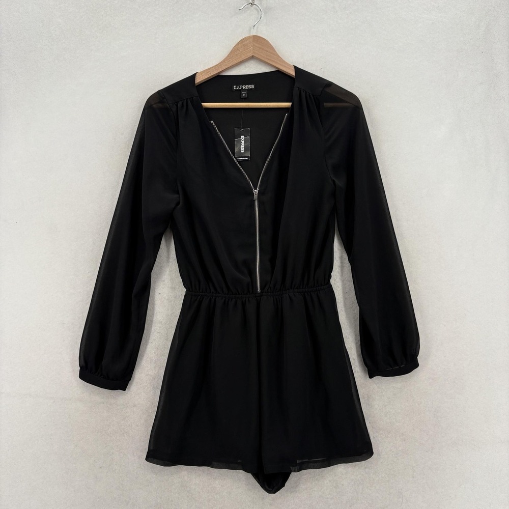Express Romper Womens XS Black Long Sleeve Zip Front Chiffon Elastic Waist NWT